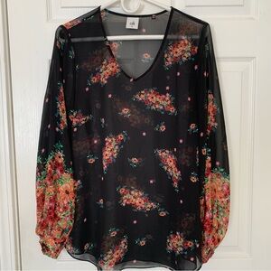 Cabi Sheer Black Floral Tunic Top M